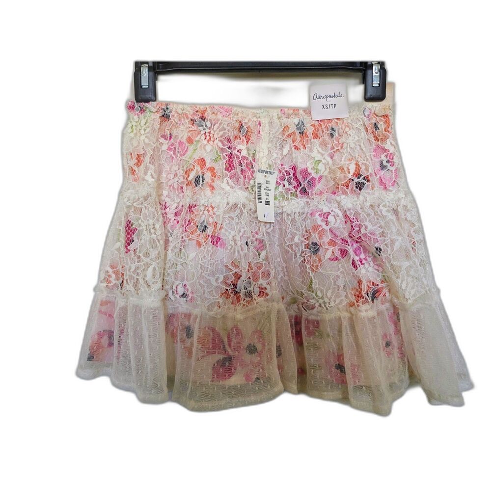 Aéropostale Girls Floral Lace Tiered Mini Skirt XS/TP NWT Pink Orange Boho